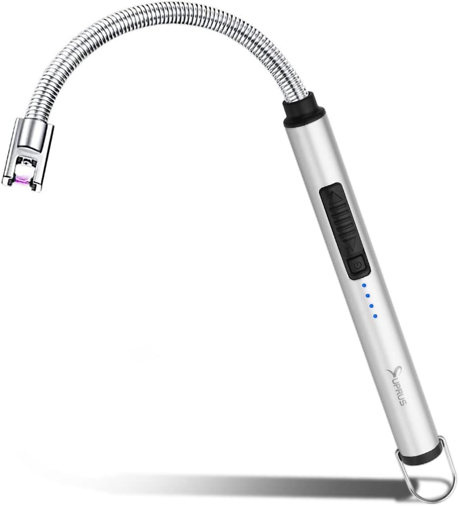 SUPRUS Candle Rechargeable Electric Arc Lighter Stainless Steel Housing & Hanging Hook with 360° Flexible Neck (Silver)