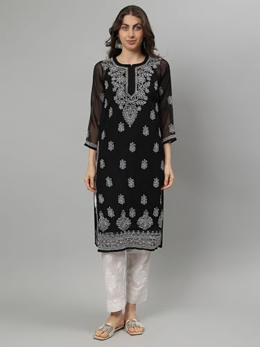 Image of Seva Chikan Hand Embroidered Lucknowi Chikankari Georgette Kurta with Inner Slip SCL4711