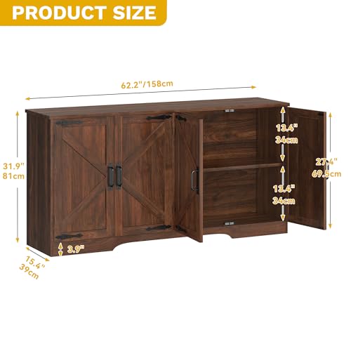 DWVO 62'' Sideboard Buffet Cabinet, Farmhouse Coffee Bar Cabinet with Large Storage, Kitchen Sideboard with Adjustable Shelves for Living Room, Entryway, Kitchen, Dark Walnut