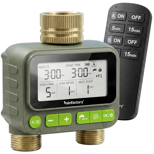 Rainfactory Automatic Watering Timer, 2-Outlet, Battery-Powered, Remote Control, IP65, LCD Display, 4 Programs, Manual Mode, Delay Function, 3/4-Inch Hose Connection