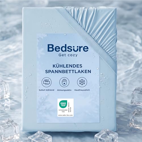 Bedsure Spannbettlaken 140x200cm kühlendes Bettlaken - Sommer Spannbetttuch bis 40cm für hohe Matratzen Boxspringbett Oeko-TEX Zertifiziert Q-MAX 0.4-Kühlstoff sorgt Blau