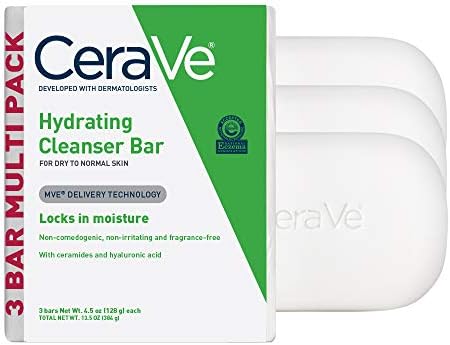 CeraVe Hydrating Cleanser Bar | Soap-Free Body and Facial Cleanser with 5% Moisturizing Cream | Fragrance-Free |3-Pack, 4.5 Ounce Each