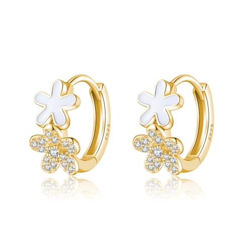SLUYNZ Solid 925 Sterling Silver CZ Flower Hoop Earrings for Women Teen Girls Double Flower Hoop Earrings Huggie (B-Gold Plated)