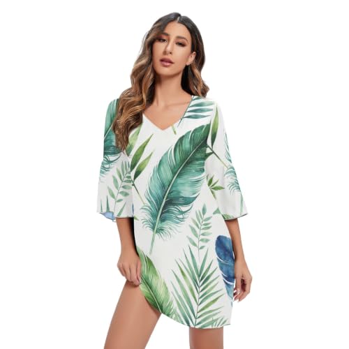 Robe en mousseline de soie premium à imprimé plumes et feuilles tropicales