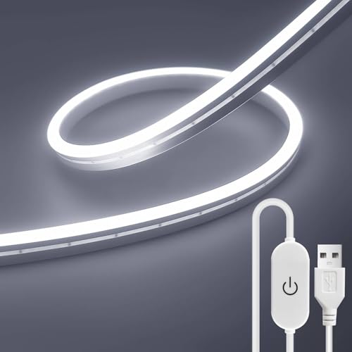 ShineBurky LED Strip Light White 6000K, 2M USB Neon Rope Lights, 5V Outdoor Waterproof Cuttable Dimmable Flexible Light for Bedroom Kitchen Mirror TV Backlight Cupboard Staircase Windows Wedding Decor