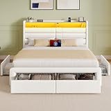 Seventable Full Size Bed Frame with 4 Storage Drawers & Charging Station, Upholstered Platform Bed with Storage Headboard and LED Light, No Box Spring Needed, Noise Free, Easy Assembly, Cream White