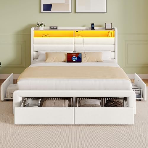 Seventable Queen Size Bed Frame with 4 Storage Drawers & Charging...