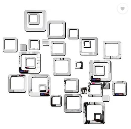 Image of Bikri Kendra - 5 Set Square Silver Decorative Mirror Stickers for Wall, Wall Mirror Stickers, 3D Acrylic Stickers Wall Stickers for Hall Room, Bed Room, Kitchen Living Room Kids Room.