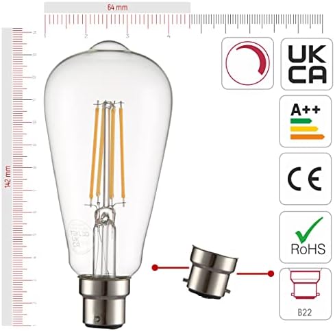 TEKLED® ST64 Filament Vintage DIMMABLE LED Bulbs | B22 Bayonet Cap | Energy Saving 6.5W Light Bulb 60W Equivalent | Clear 2700K 806LM | 2-Pack | Warm White