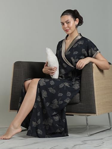 Image of 9shines Label Stylish Cotton Nighty Robe for Women | Front Open Floral Housecoat | Wrap Nighty with Pocket | Adjustable Waist Tie | Plus Size housecoat (HC-2026)