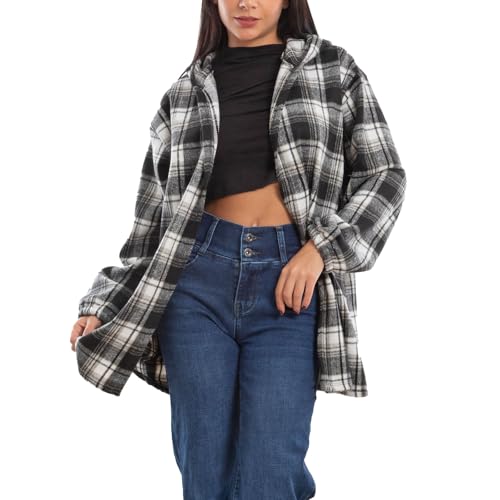 Toocool Chaqueta de mujer Blazer Sudadera Cardigan Franela Capucha Escocesa Cuadros VI-5790, Negro , Small/Large