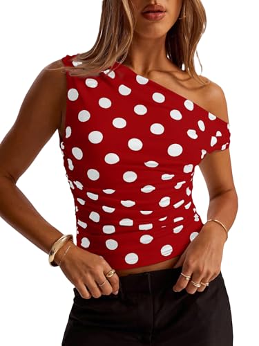 KIGRAD Women Y2k Vintage Polka Dot Asymmetrical Off Shoulder Ruched Crop Tank Tops Slim Fitted Sleeveless Cute Shirts Red