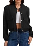 imbpceu Women Cropped Bomber Jacket Casual Long Sleeve Coats Button Down Varsity Jackets with Pockets Black S