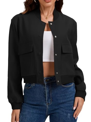 imbpceu Women Cropped Bomber Jacket Casual Long Sleeve Coats Button Down Varsity Jackets with Pockets Black S