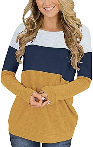 Locryz Womens Long Sleeve Shirts Crew Neck Loose Colorblock Splicing Fall Top Blouses