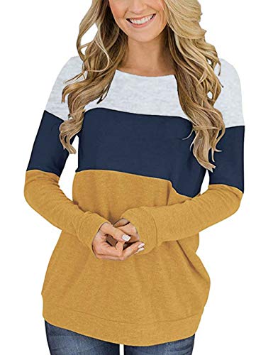 Locryz Womens Color Block Long Sleeve Round Neck Shirts Pullover Sweatshirt Tops (S, 06 Yellow)