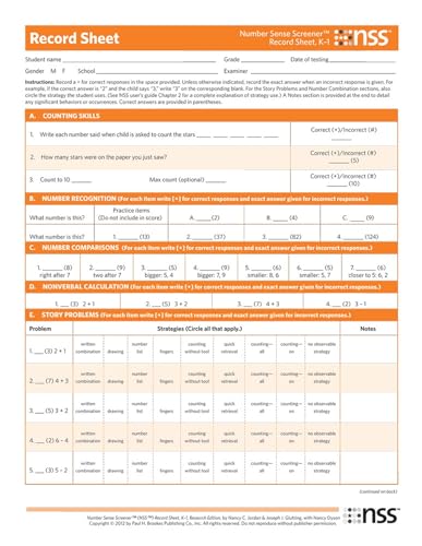 Number Sense Screener™ (NSS™) Record Sheets, K–1, Research Edition