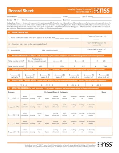 Compare Textbook Prices for Number Sense Screener™ NSS™ Record Sheets, K–1, Research Edition N</I></A> ed. Edition ISBN 9781598572001 by Jordan Ed.D., Nancy,Glutting Ph.D., Joseph,Dyson Ph.D., Nancy