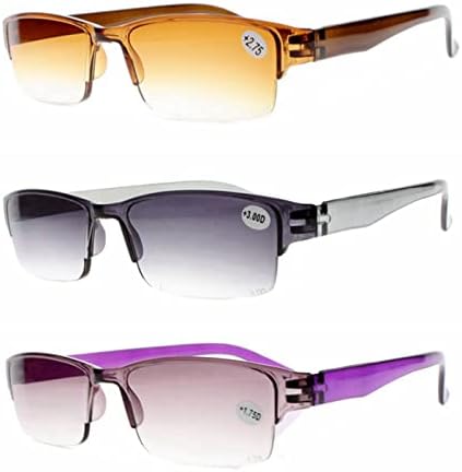 MARZRO 3 Colors Pack Men's Women Tinted Gray Brown Purple Half Rim Sun Resin Reading Glass +1.0 ~+4.0 (3 Colors Pack, 1.5, multiplier_x)