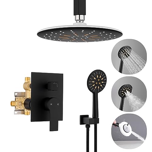 STESSO Shower Systems with Rain Shower and Handheld, 10-inch Matte Black Bathroom Ceiling Mounted Rainfall Shower Set with 3-Setting Handheld, included Valve and Trim