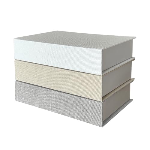 3 Pcs Decorative Books Box Linen Covered Fake Book Storage Boxes Faux Books for Home Bookshelf Coffee Table Decor Organizing Small Objects (White, Beige and Grey)