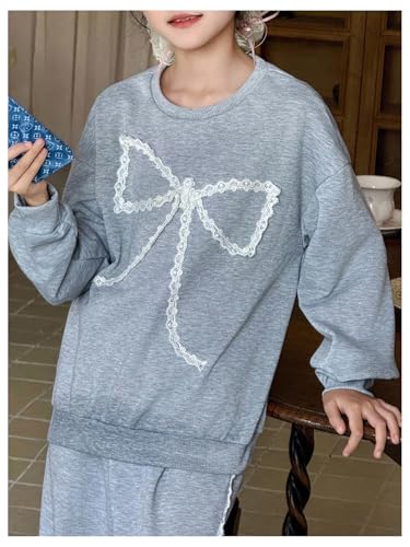 OYOANGLE Girl's Sweatsuits Set Long Sleeve Bow Sweatshirt and Lace Trim Straight Leg Sweatpants Fall Outfits3