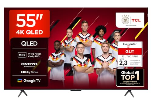 TCL 55T8C 55 Zoll QLED 4K HDR UHD Fernseher, Smart Google Tv Dolby Vision Atmos,144Hz Motion Clarity Pro, Game Bar, ALLM, Freesync, Onkyo 2.1 Sound, Sprachsteuerung, Kompatibel mit Google Assistant