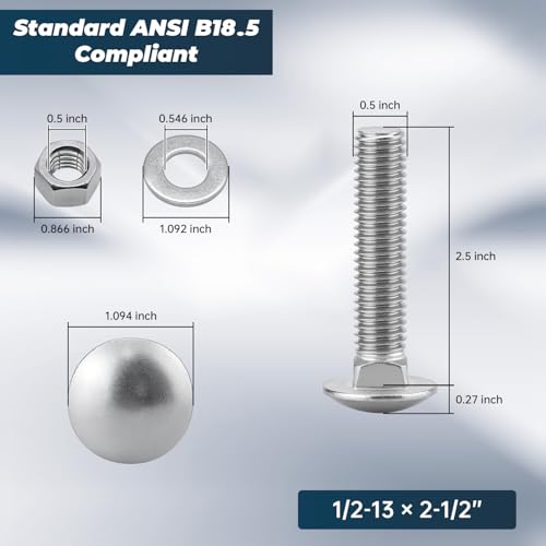 Image of 1 /2-13 x 2-1 /2 Inch Carriage Bolt Kit, 304 Stainless Steel (18-8) with Hex Nuts & Flat Washers - 4 Sets, Round Head Square Neck, Full Thread Coverage by Glvaner