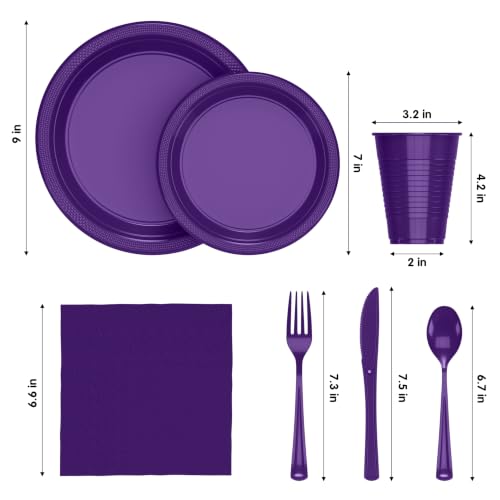 Image of Exquisite 350 Pcs Purple Plates and Napkins Party Supplies Plate Sets | Sturdy Plastic Dinnerware Set With 9 inch & 7 inch Plates, 12 Oz Cups, Lunch Napkins and Cutlery Serves 50 for Birthdays & Everyday