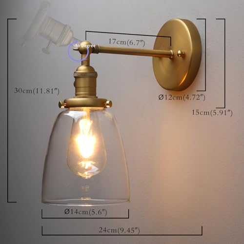 Image of PERMO Industrial Vintage Sconce with Oval Cone Clear Glass Shade 1 Light Single Sconce Wall Light for Living Room Bedroom (Antique Gold)