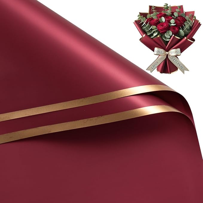 Image of Zarwani - 10 Sheets Korean Style Waterproof Maroon Bouquet Wrapping Paper (58cm x 58cm, 60 Microns) | Golden Border Design, Giftwrap for Flowers & DIY Gift Wrapping Paper (10, Gold Border Maroon)