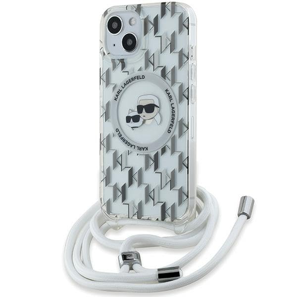 CG Mobile Karl Lagerfeld KLHMP15SHCKCKLCT Coque pour iPhone 15/14/13 6,1" Transparent Rigide IML Crossbody Monogramme Karl & Choupette Head