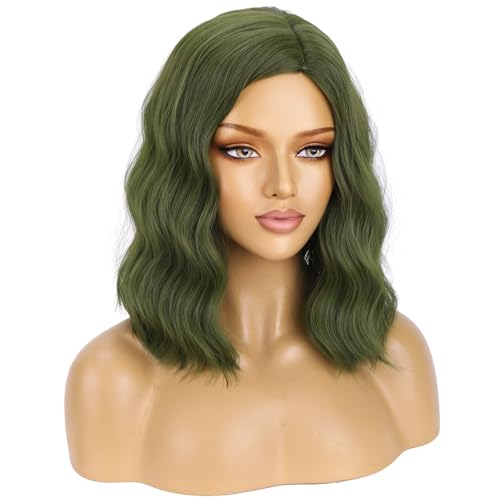 Image of BERON Green Wigs for Women Short Curly Bob Wavy Wig Girls Olive Color Body 14'' Heat Resistant Synthetic Hair Wig Cosplay Daily Party Wigs