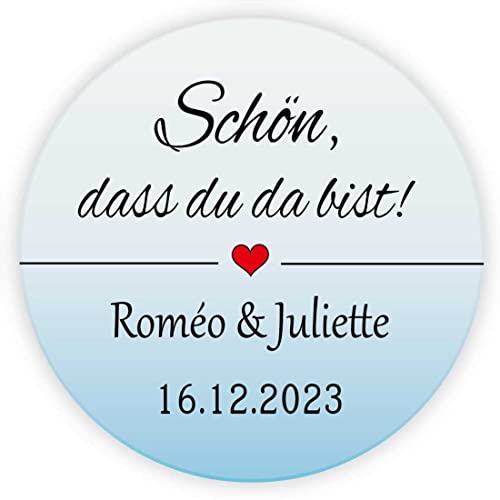 MameArt 50stk Aufkleber Hochzeit Personalisiert Schön DASS du da bist, 4cm Sticker für Hochzeit Gastgeschenk Taufe Kommunion Geburtstag Feste Geschenke Präsente (DE06) Cover