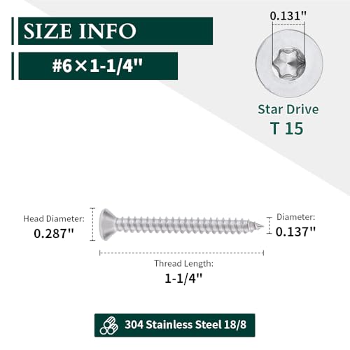 #6 x 1-1/4\" Flat Head Torx Drive Self Tapping Screws, 304 Stainless Steel 18-8 Wood Screw Sheet Metal Screw, Star Drive, Full Thread Coverage, 100-pack - Thumbnail 3
