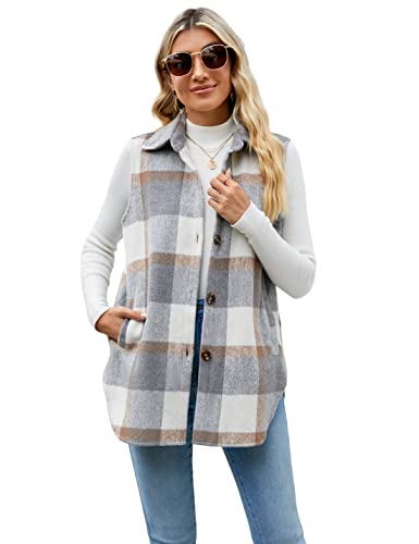UANEO Womens Fall Flannel Plaid Vest Button Down Sleeveless Shirt Jacket with Pockets