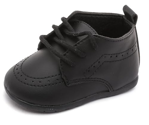 Greceen Baby Boys Girls Classic PU Leather Adjustable Lace-up Loafers Oxford Style Dress Shoes for Crawling Babies Toddlers, Wedding Formal First Steps Walking Flat Lazy Crib Shoes 253 Black 2