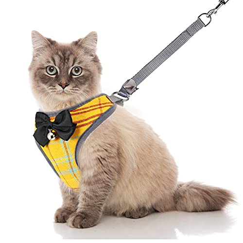 4 Pieces Cat Harness and Leash Set Adjustable Dogs Harness Pet Camo Collar with Bell Dogs Bandana Escape Proof for Cats and Small Dogs Outdoor Walking, Yellow (Small) - Thumbnail 7