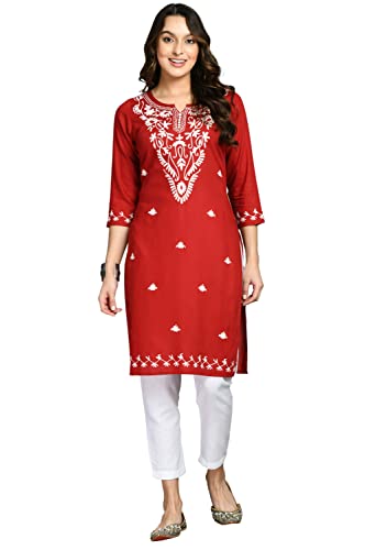 Image of QAZMI Women's Cotton Straight Embroidered Kurti (Aari Work)