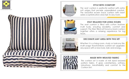 Image of Woven Quilted Floor Cushion Set 40x40x8 CM Navy Stripe with Fillers & Back Cushion, Large Size for Seating, Patio Seat, Meditation, Yoga, Pooja, Guests, Living 16x16x4 Inch