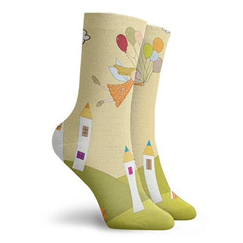 Fashion Compression Socks,Fairy Girl Floating Over The City With Colorful Balloons Doodle Style Town On Hill,Performance Polyester Cushioned Athletic Crew Socks for Running,Athletic, -12 inch2