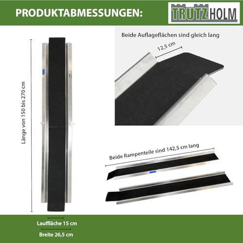 TRUTZHOLM Anti-Rutsch Alu Auffahrampe zusammensteckbar 150-270 cm verstellbar 50 kg Treppenrampe E-Bike Moped starr schwarz/grau