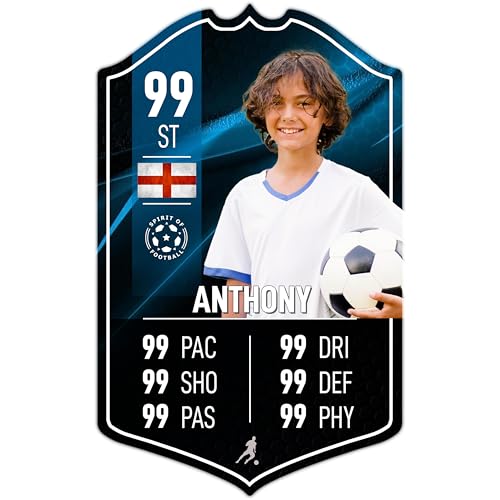 ShopQuality4U Personalise Football Cup Player Stats Card Sign - Blue Background Printed Metal Shield Sign Wall Art A4 Player Add Name (28x17cm)