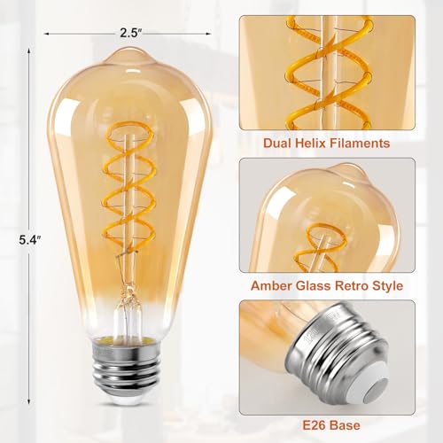 Decoaui ST64 LED E26 Vintage Edison Light Bulbs, Amber Glass, Dimmable, 4W(40W Equivalent) 300 Lumens, 2200K Ultra Warm White, Spiral Filaments Design, Antique Style, 25000 Hrs, 4-Pack by Decoaui - Image 6