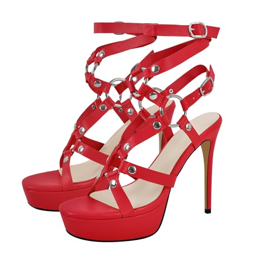 Image of VERISSON Women's Grommets Stiletto Sandals Platform Open-back High Heels Cross Bands Open Toe Buckle-up Ankle Sandals Party Dressing