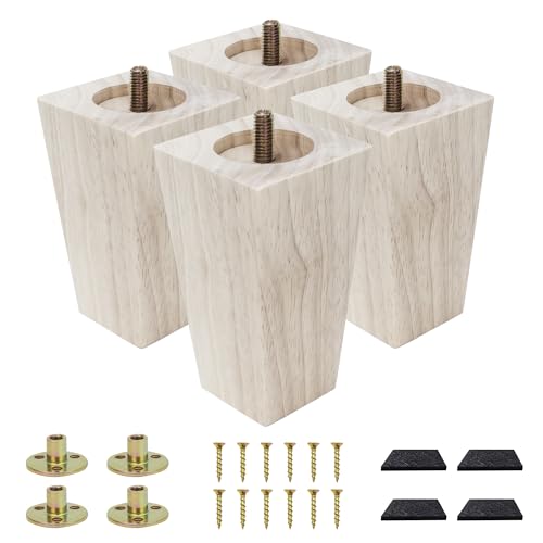 Txcucc Furniture feet Table Legs Couch Legs Unfinished Square Bed Feet 4 inch Wood Replacement Leg for Furniture Set of 4, Natural (4set, 4in)