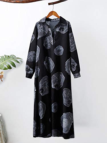 Fantercy Vestido longo feminino de algodão vintage com anéis de árvore padrão gola virada para baixo