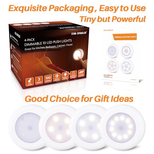 Image of STAR-SPANGLED 8 Pack 3.1 inch Dimmable Push Tap Lights, Stick on LED Touch Puck Lights AA Battery Operated, 3 Color Modes Sticky Button Lamps for Classroom, Kitchen, Under Cabinet, Closet