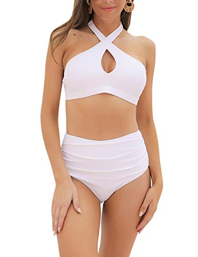 Blooming Jelly Women's White High Waisted Bikini Sets Ruched High Neck Swimsuits Vintage Two Piece Bathing Suits(XLarge?White