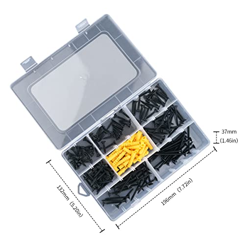 Hystic 170Pcs M3.5 Phillips Flat Head Self Tapping Wood Screws Kit，Black Carbon Steel，Containing 30 Plastic M6 Screw Anchors #TOP1